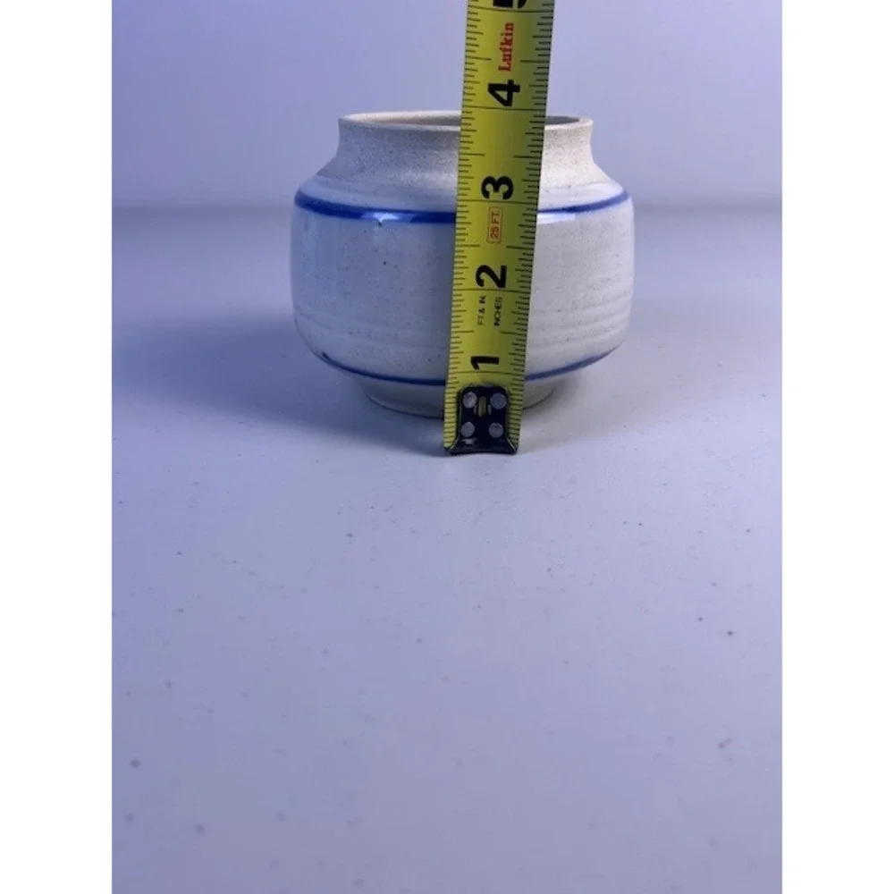 Studio Pottery Signed Small Speckled White Blue Stripe Bud Vase Stoneware 3in